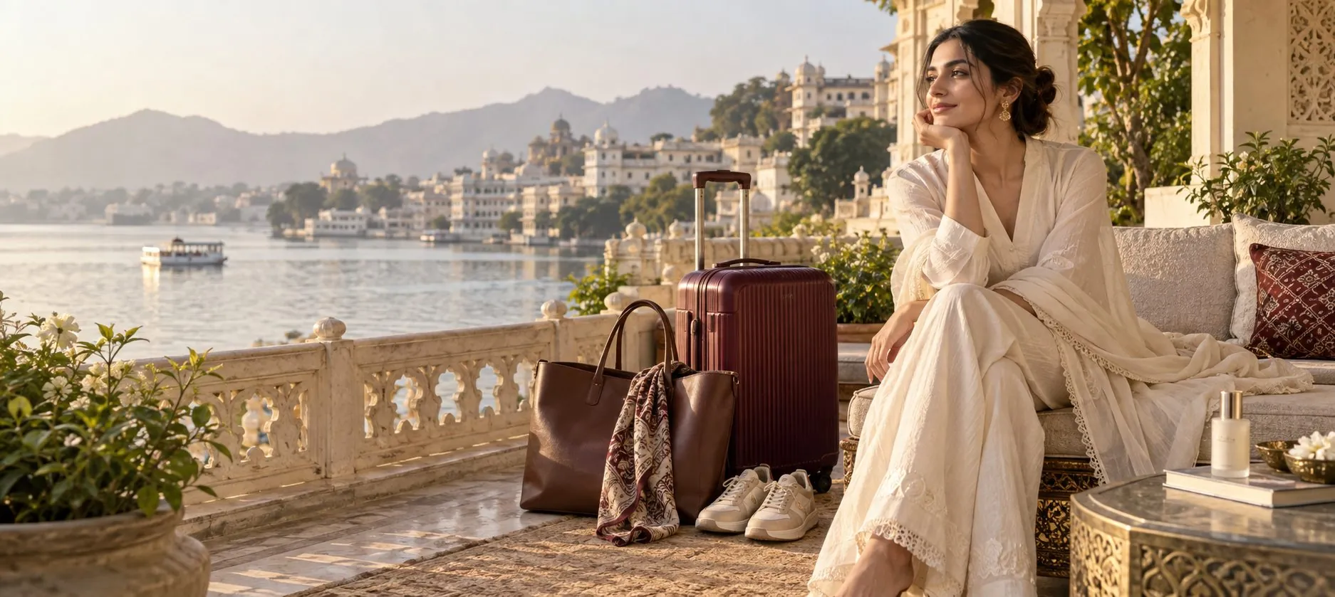 A considered fashion and travel scene overlooking Udaipur